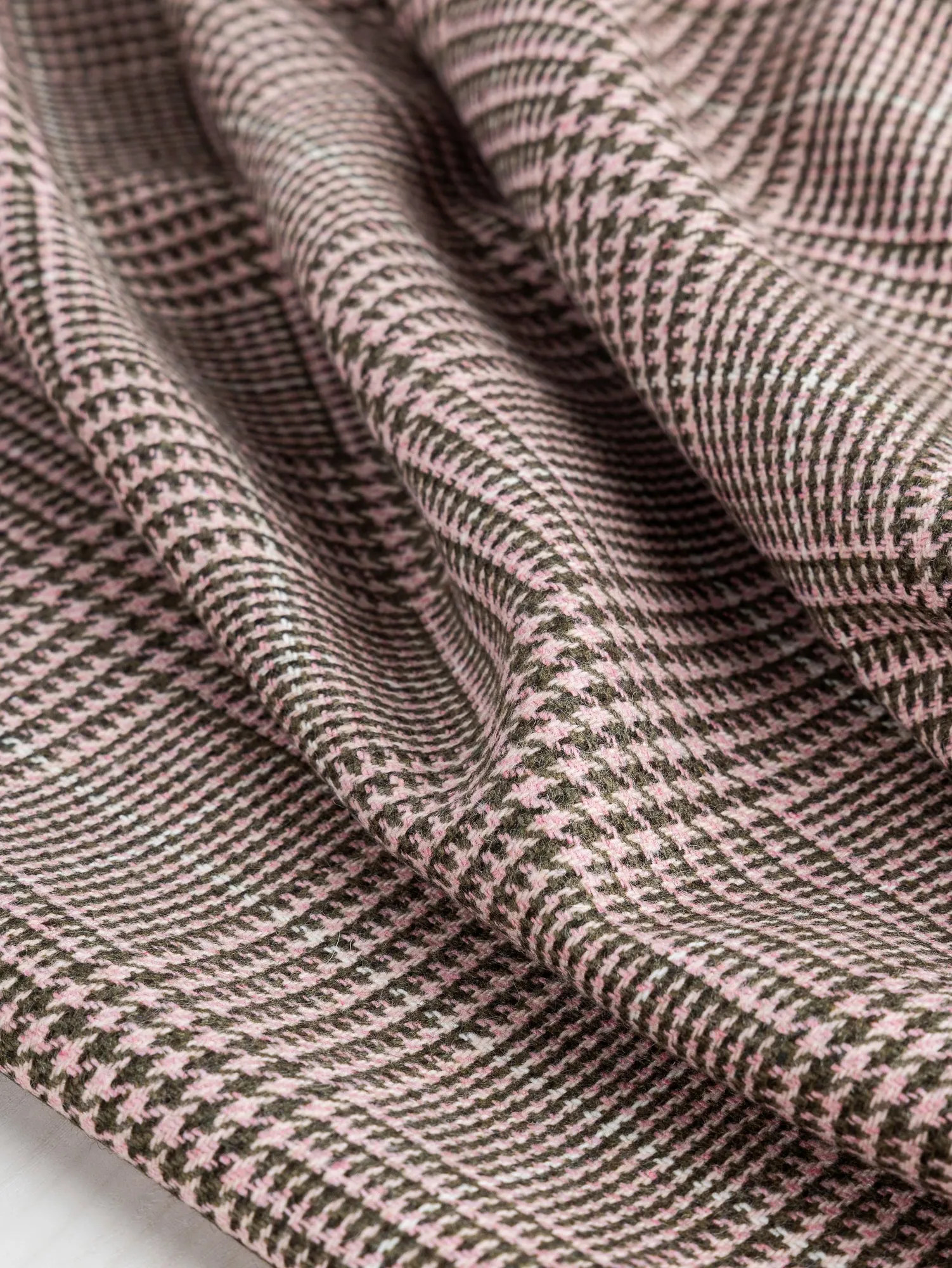 Glen Check Wool Viscose Blend Suiting Deadstock - Pink   Olive