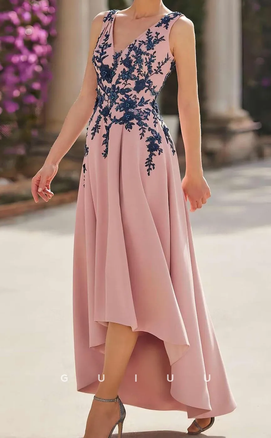 GM057 - A-Line V Neck Sleeveless Asymmetrical Satin Appliques Mother of the Bride Dress Formal Wedding Guest Gown