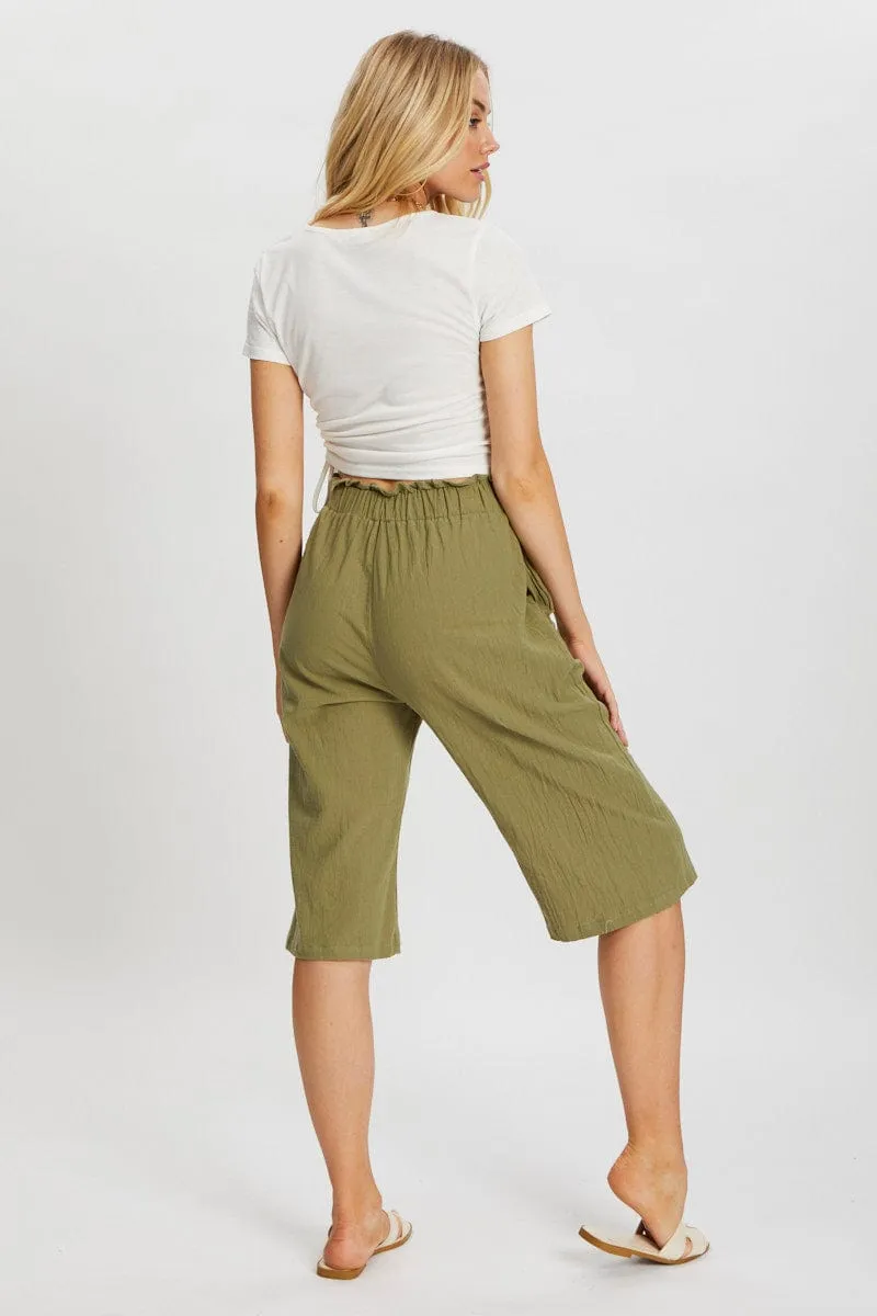 Green Button Front Elastic Waist Culotte