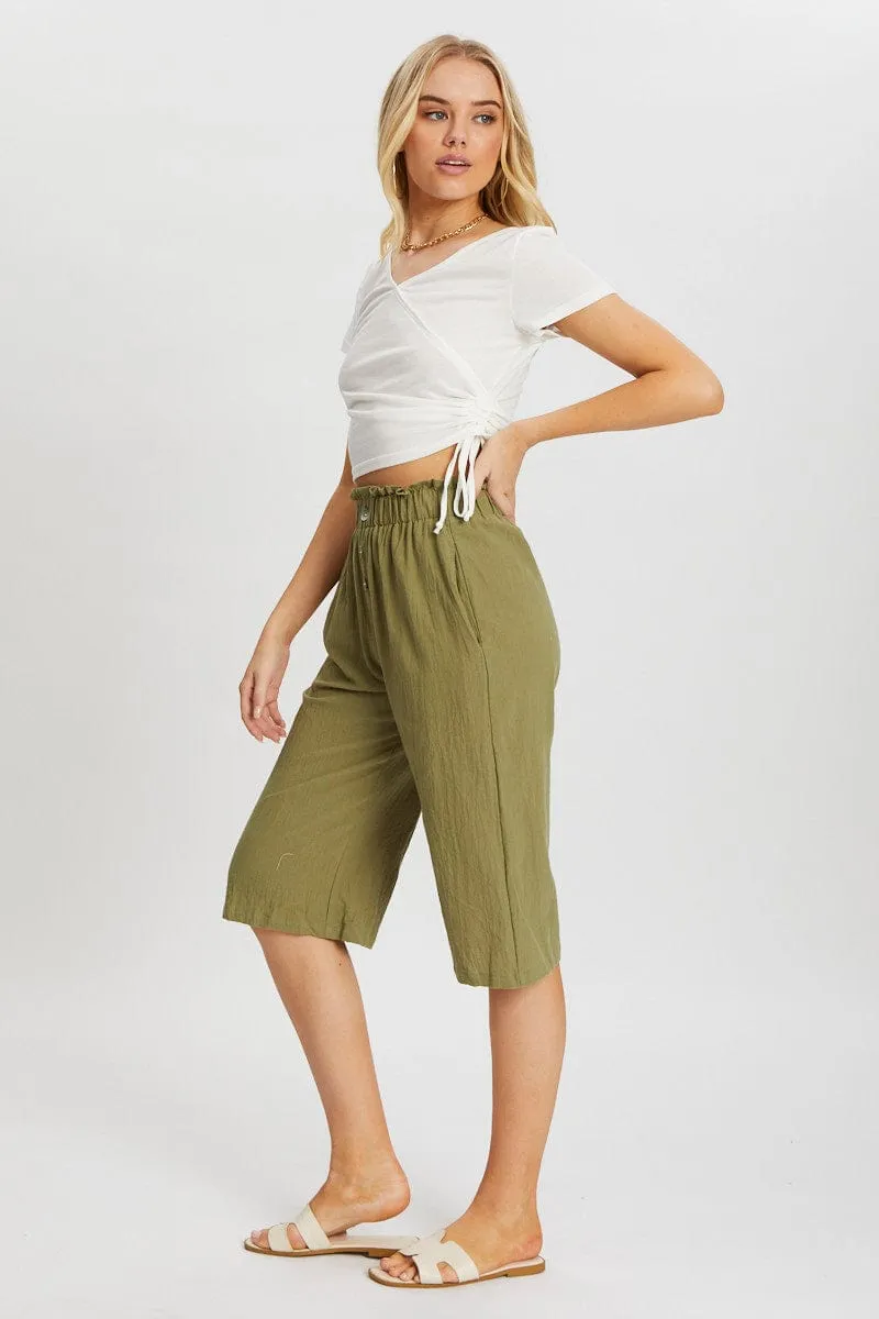 Green Button Front Elastic Waist Culotte