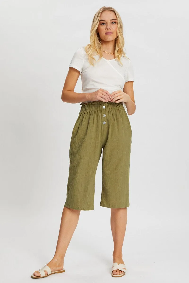 Green Button Front Elastic Waist Culotte