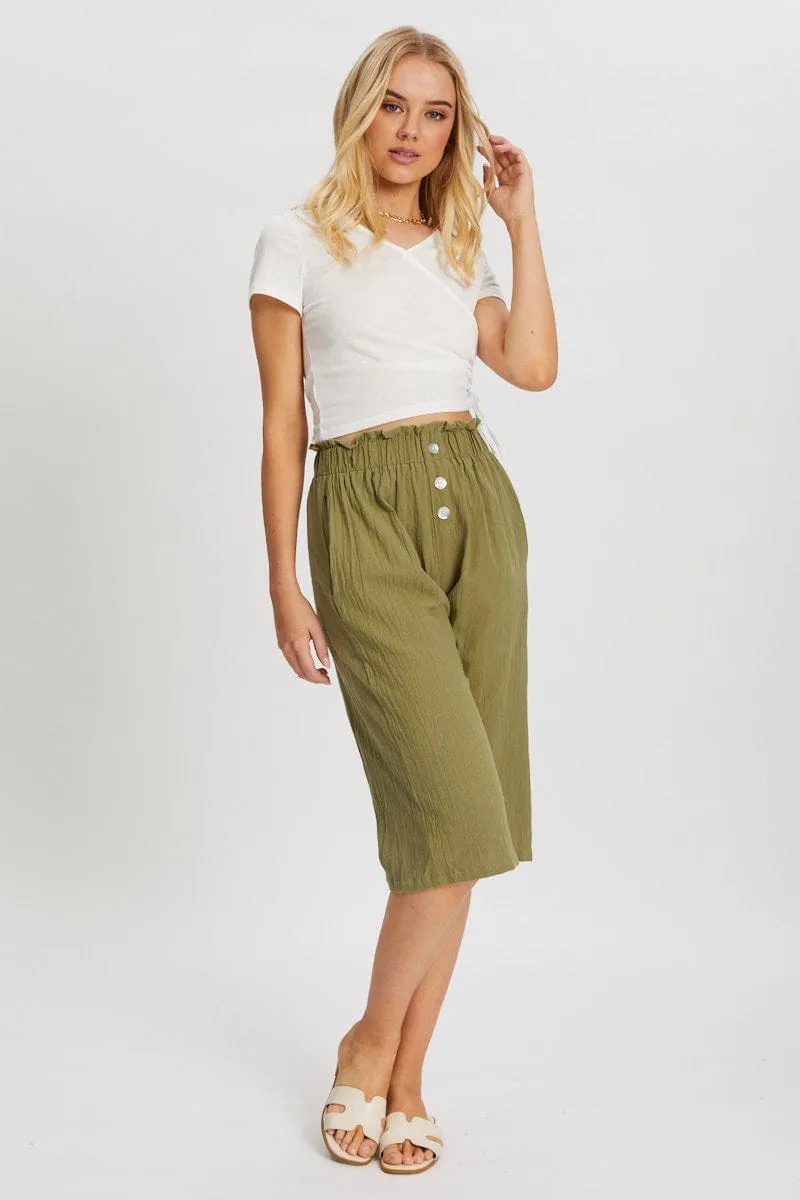 Green Button Front Elastic Waist Culotte