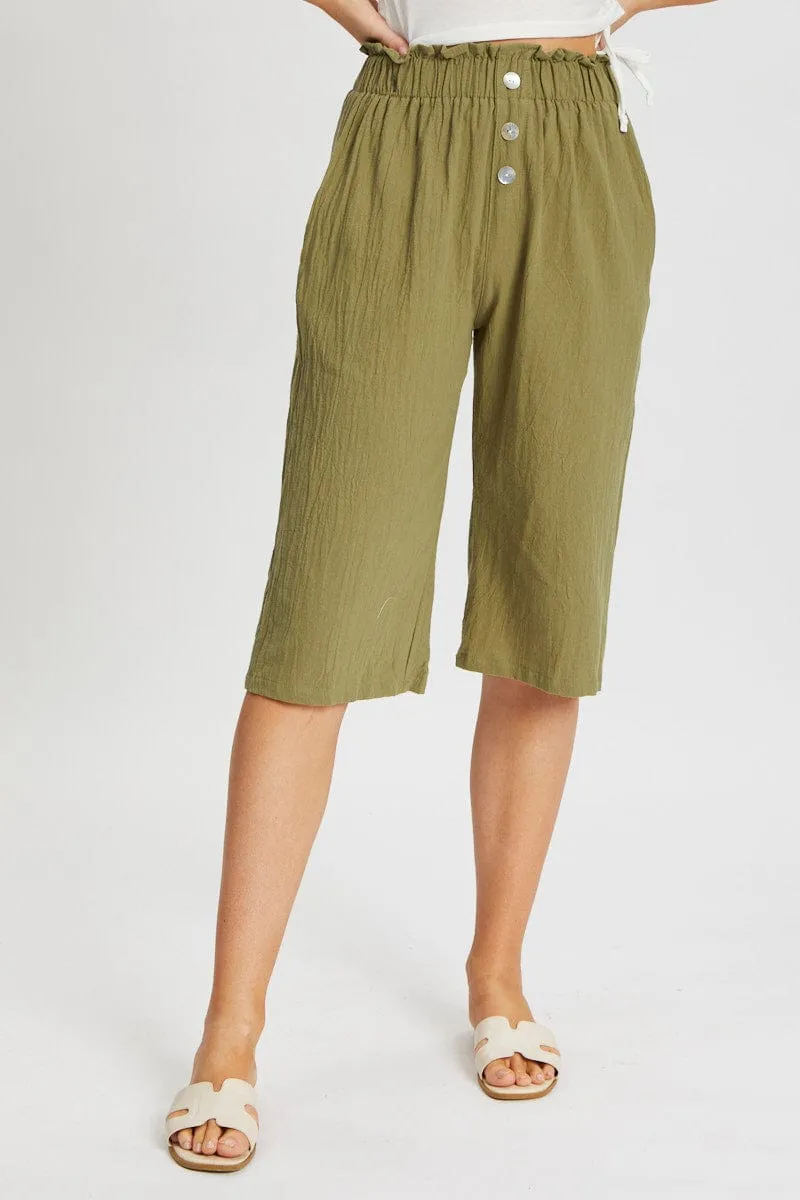 Green Button Front Elastic Waist Culotte