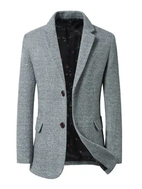 Grey Button Front Herringbone Wool-Mix Blazer