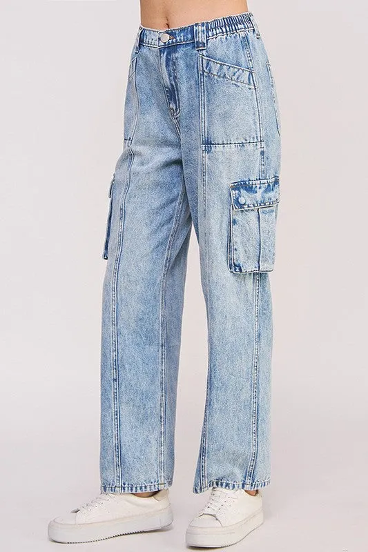 HIGH WAIST BAGGY DENIM CARGO ANKLE LENGTH TROUSERS - ONLINE EXCLUSIVE