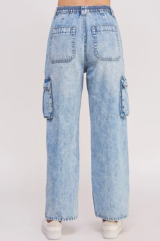 HIGH WAIST BAGGY DENIM CARGO ANKLE LENGTH TROUSERS - ONLINE EXCLUSIVE