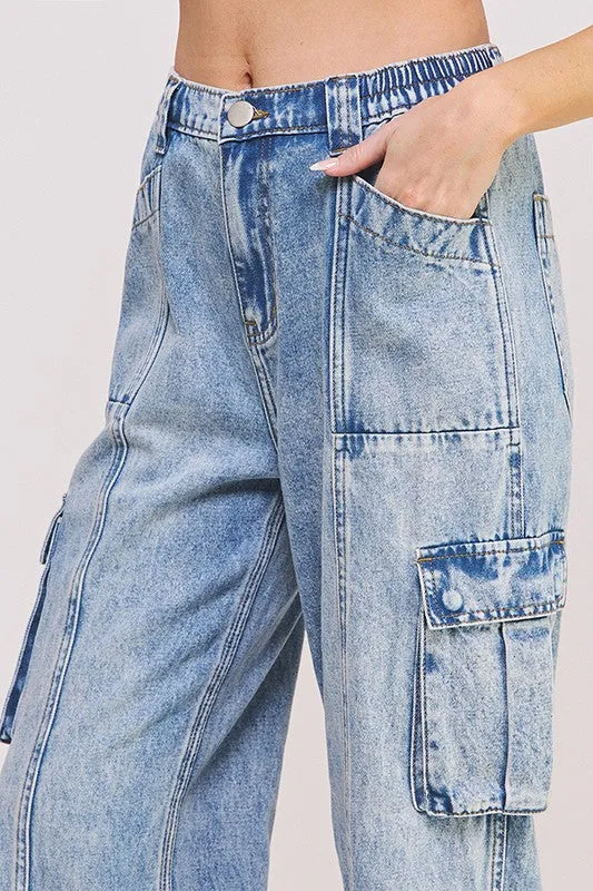 HIGH WAIST BAGGY DENIM CARGO ANKLE LENGTH TROUSERS - ONLINE EXCLUSIVE