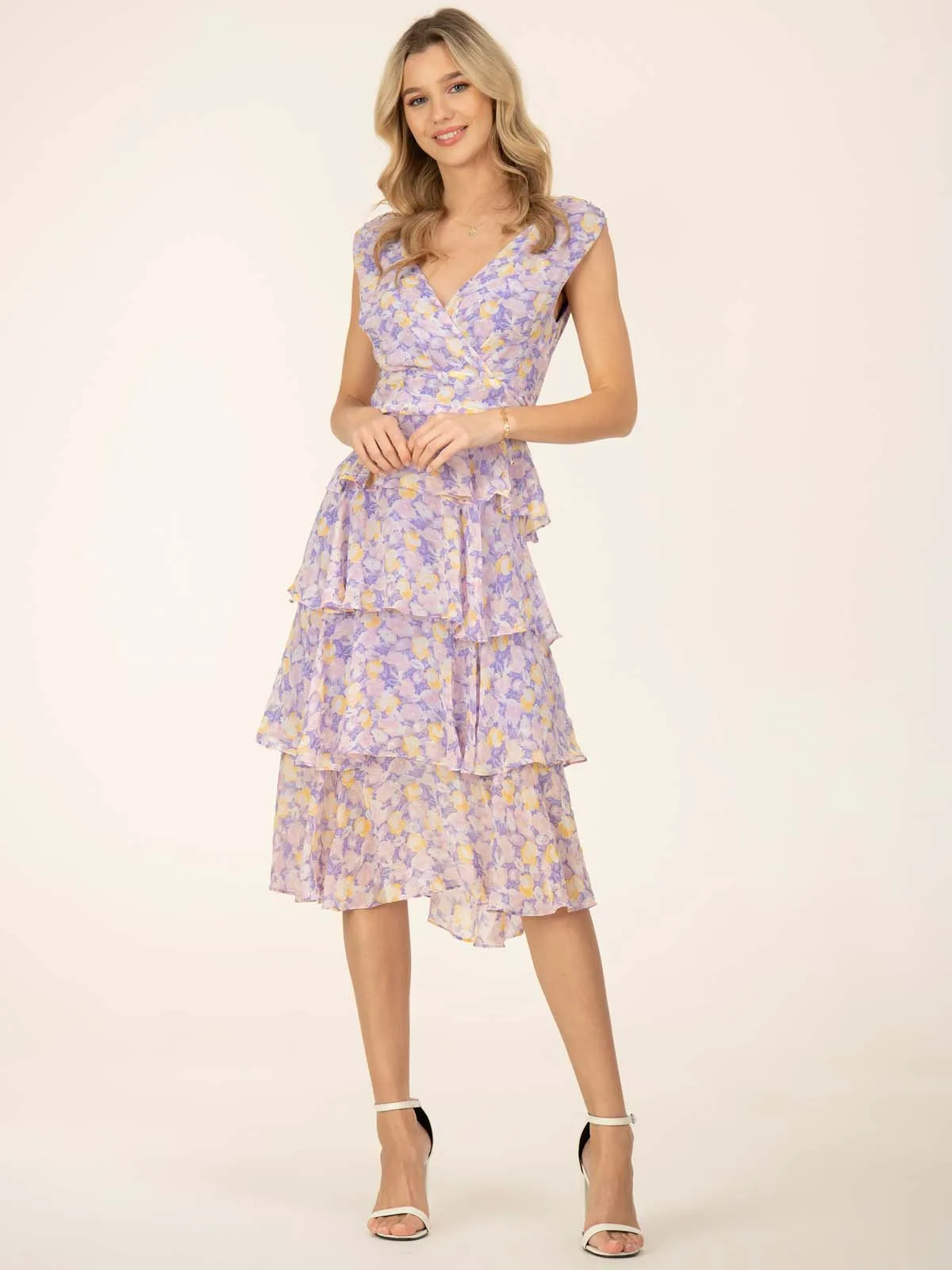 Jolie Moi Selah Tiered Midi Dress, Purple Floral