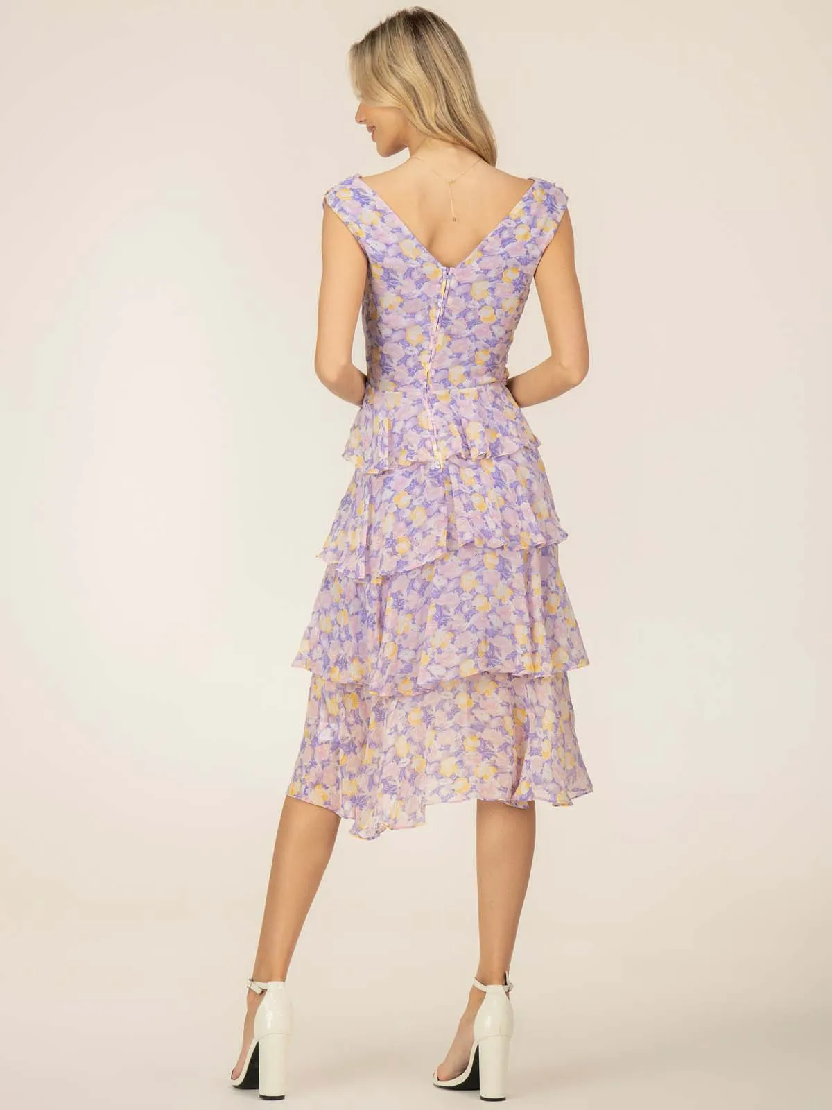 Jolie Moi Selah Tiered Midi Dress, Purple Floral