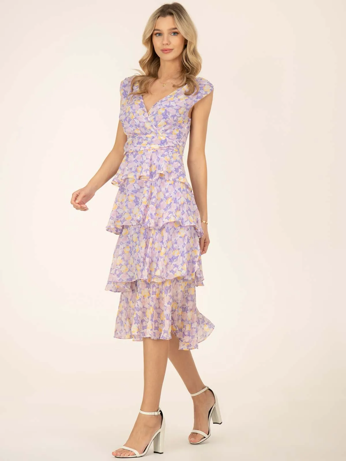 Jolie Moi Selah Tiered Midi Dress, Purple Floral