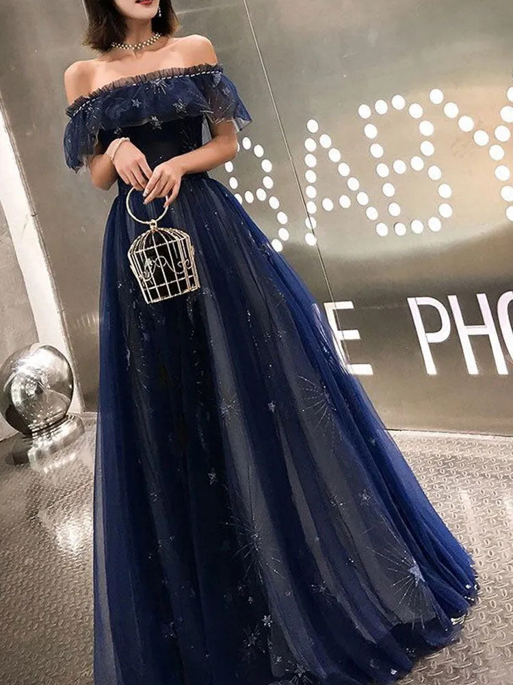 kamahe A-Line Prom Dresses Elegant Dress Wedding Guest Party Wear Floor Length Short Sleeve Off Shoulder Tulle with Embroidery Tiered