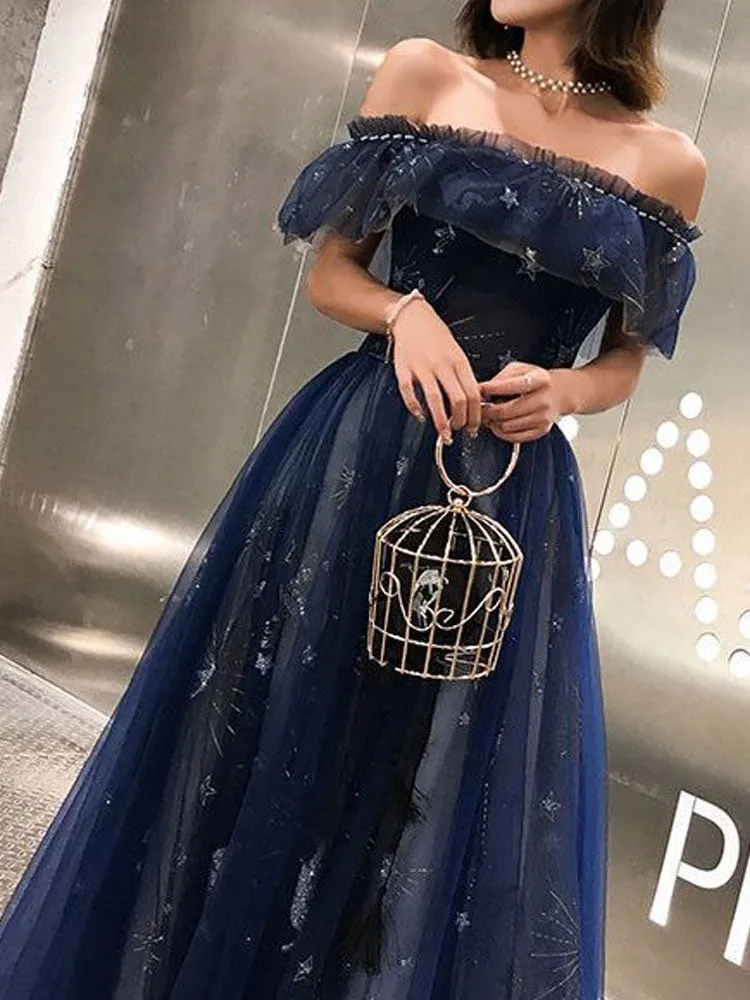 kamahe A-Line Prom Dresses Elegant Dress Wedding Guest Party Wear Floor Length Short Sleeve Off Shoulder Tulle with Embroidery Tiered