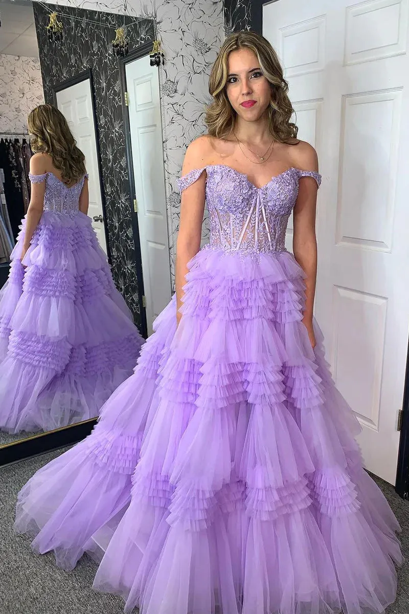 Lilac Off the Shoulder Tiered Tulle Long Prom Dresses with Appliques