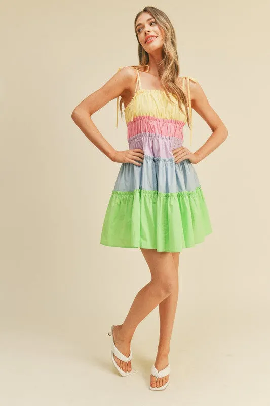 Limeade Multi Color Tiered Color Block Mini Dress