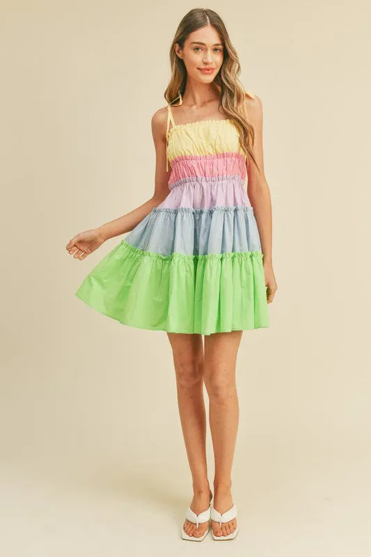 Limeade Multi Color Tiered Color Block Mini Dress