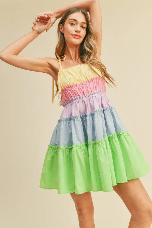 Limeade Multi Color Tiered Color Block Mini Dress