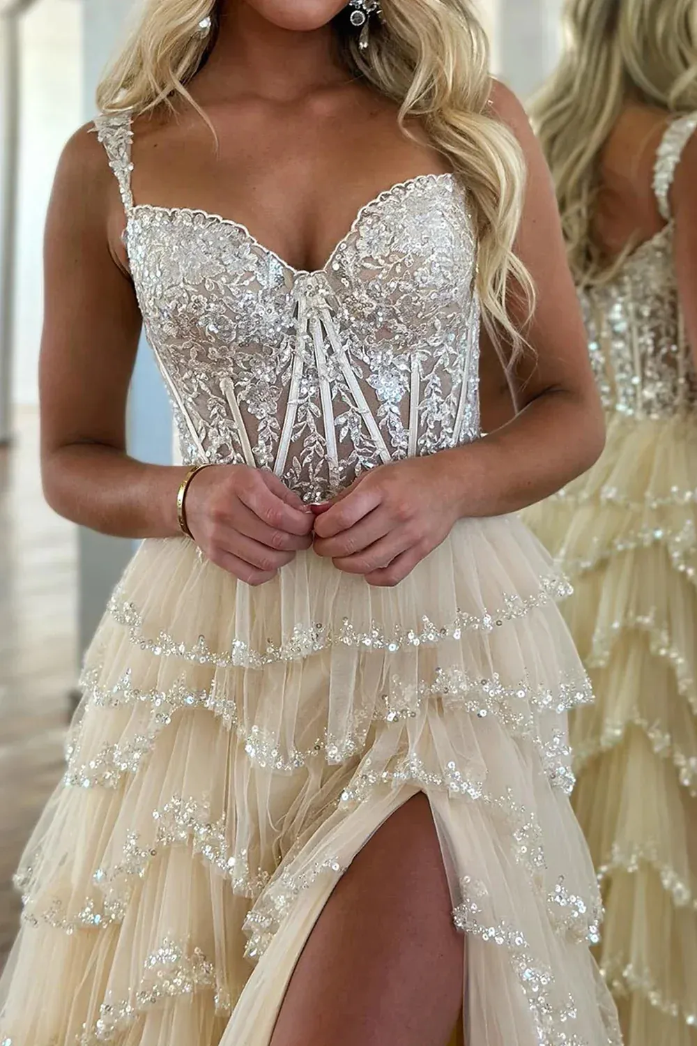 Long Glitter Beige Corset Tiered Tulle Prom Dresses