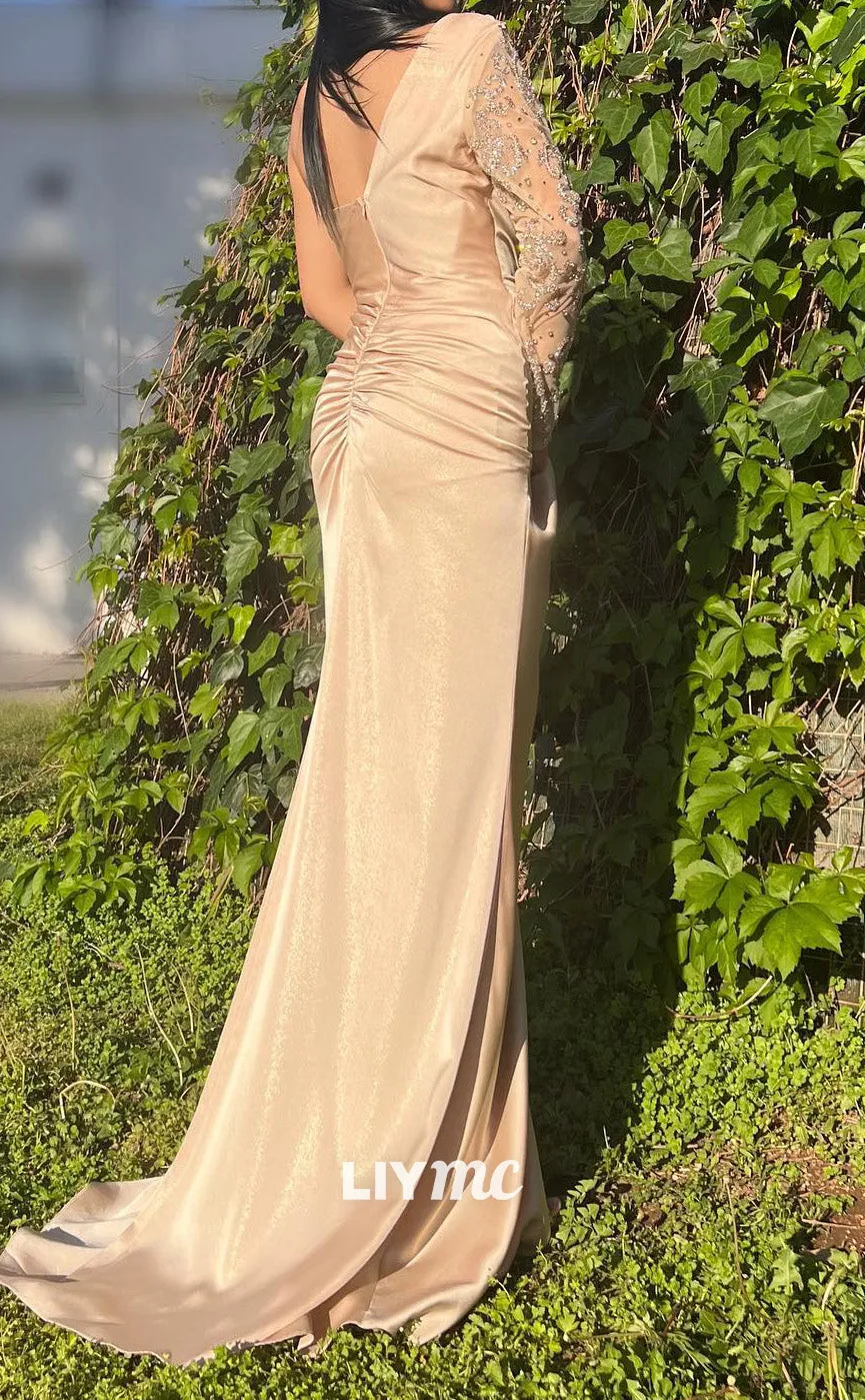 LP2173 - Asymmetrical Long Sleeves Appliques Ruched High Slit Prom Dress