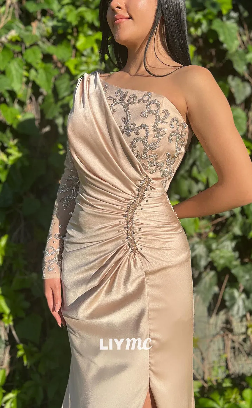 LP2173 - Asymmetrical Long Sleeves Appliques Ruched High Slit Prom Dress