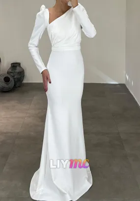 LP2269 - Asymmetrical Long Sleeves Ruched Sleek Satin Sheath Prom Dress