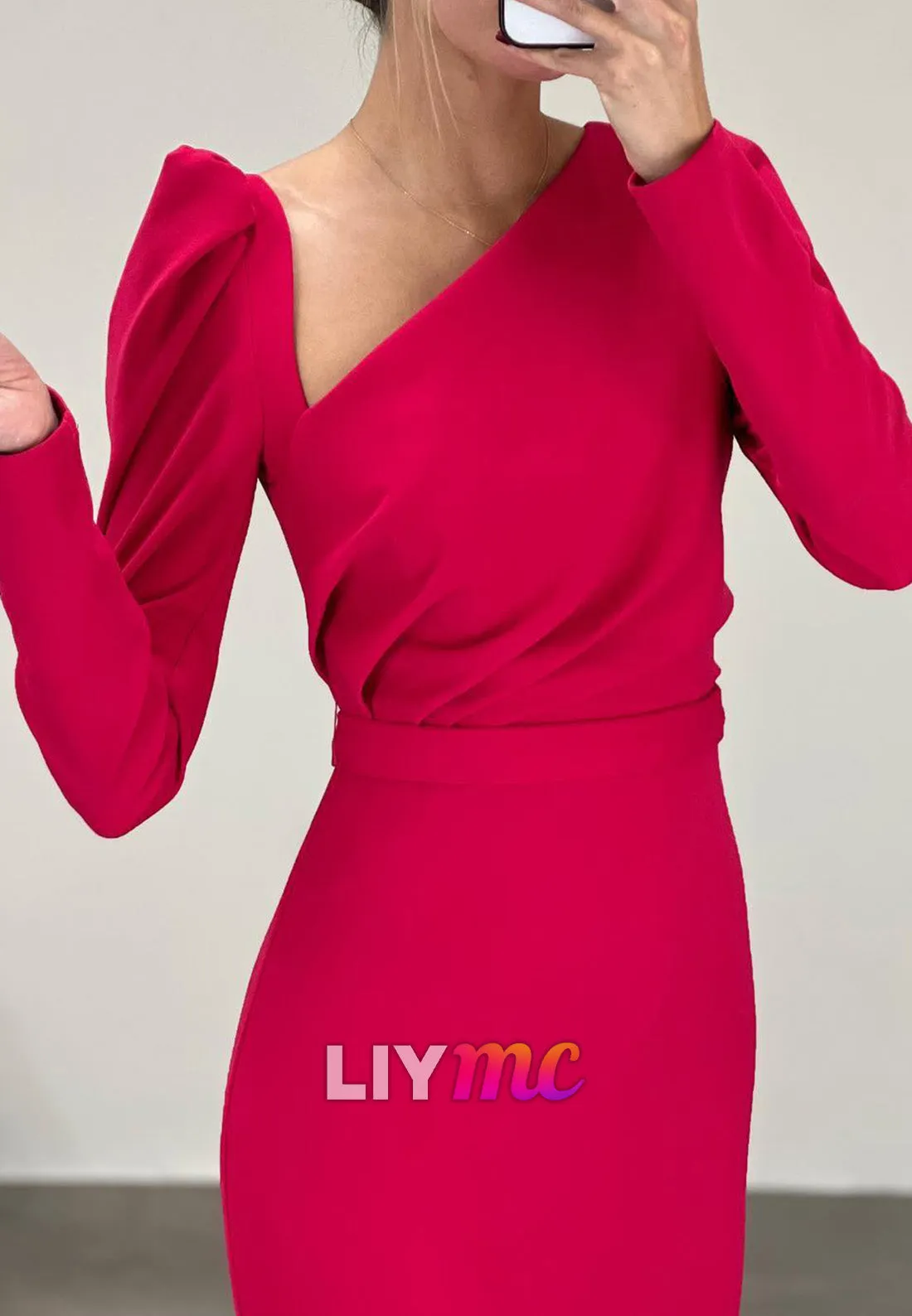 LP2269 - Asymmetrical Long Sleeves Ruched Sleek Satin Sheath Prom Dress