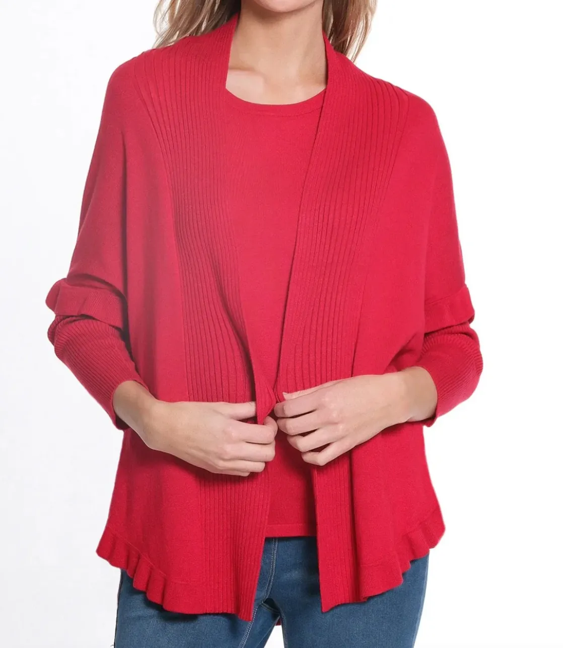 Multiples Shawl Collar Open Cardigan Red