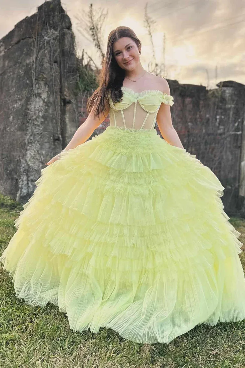 Off the Shoulder Tiered Tulle Yellow Long Prom Dresses