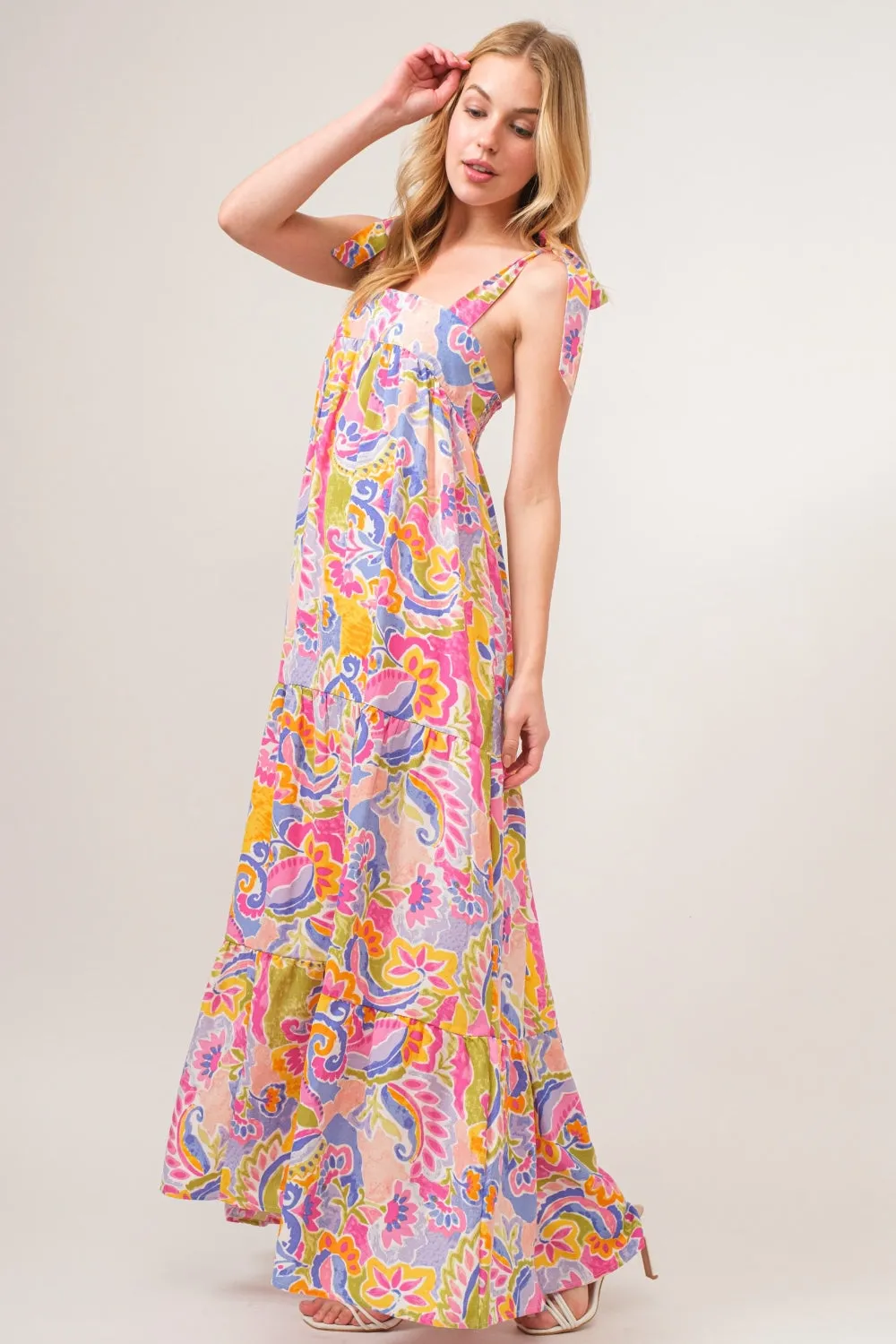 Printed Tie Shoulder Tiered Maxi Dress