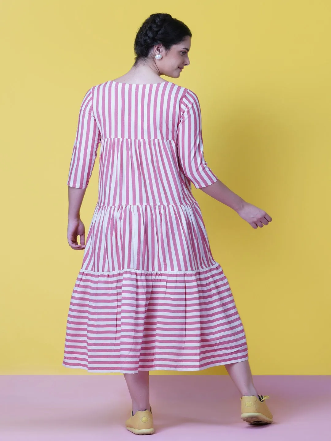 Red & White Stripe Cotton Tiered Dress