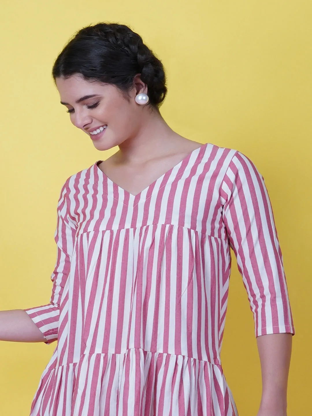 Red & White Stripe Cotton Tiered Dress