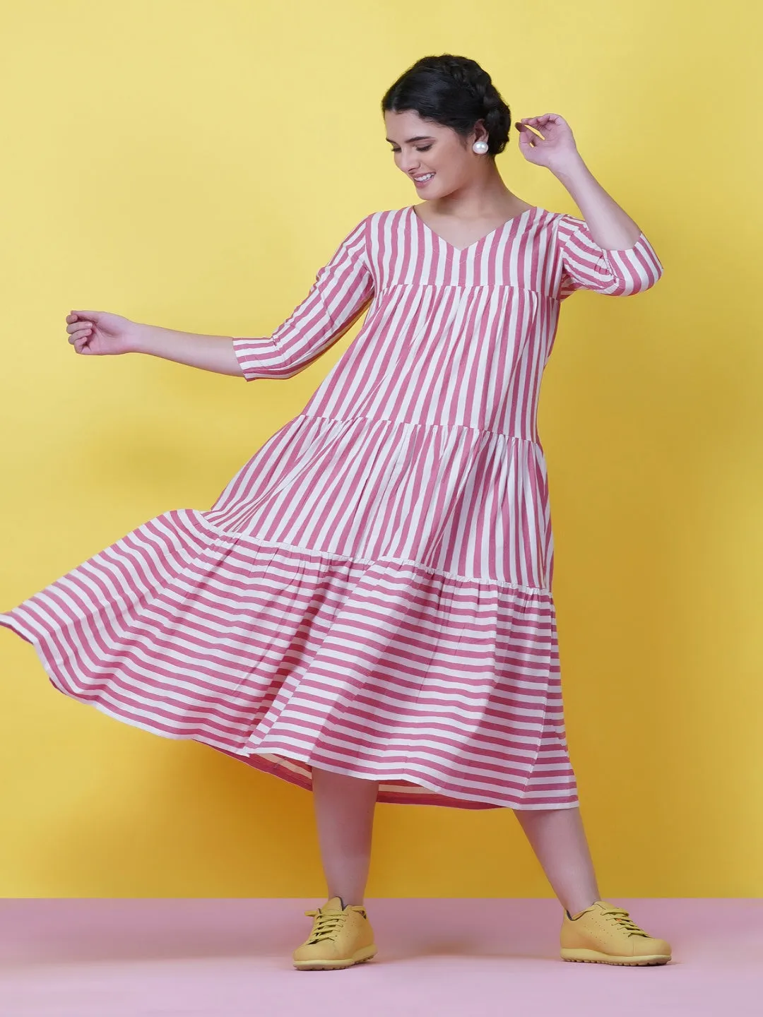 Red & White Stripe Cotton Tiered Dress