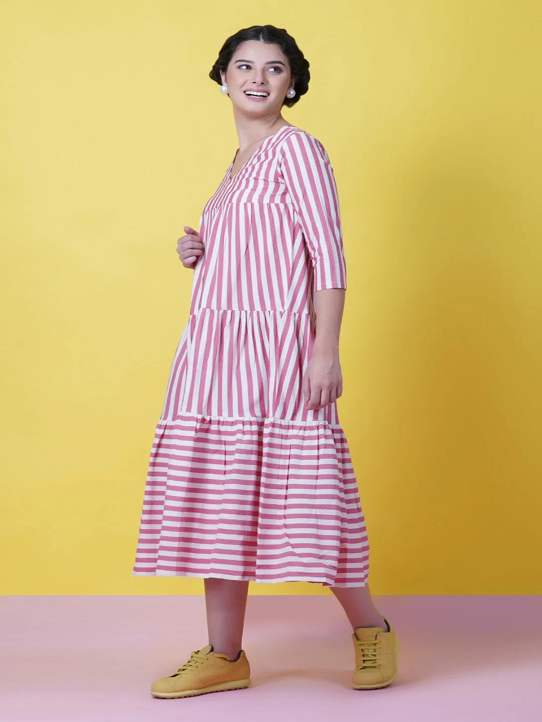 Red & White Stripe Cotton Tiered Dress