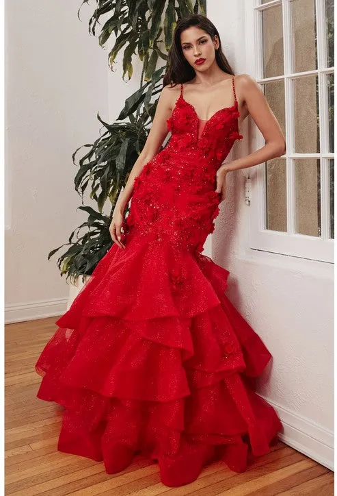 Red Mermaid Tiered Floral Gown