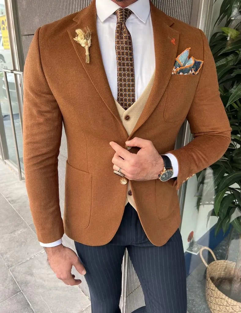 Rick Slim Fit Baroncelli Italian Fabric Stamped Camel Blazer