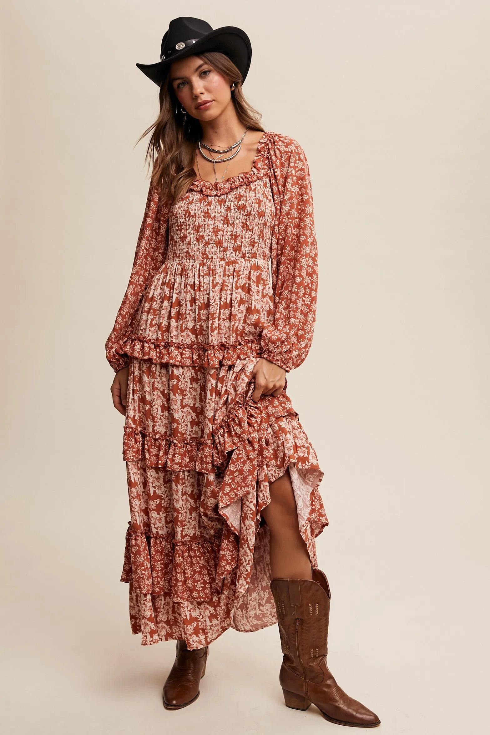 Rust Contrast Floral Print Ruffle Tiered Maxi Dress