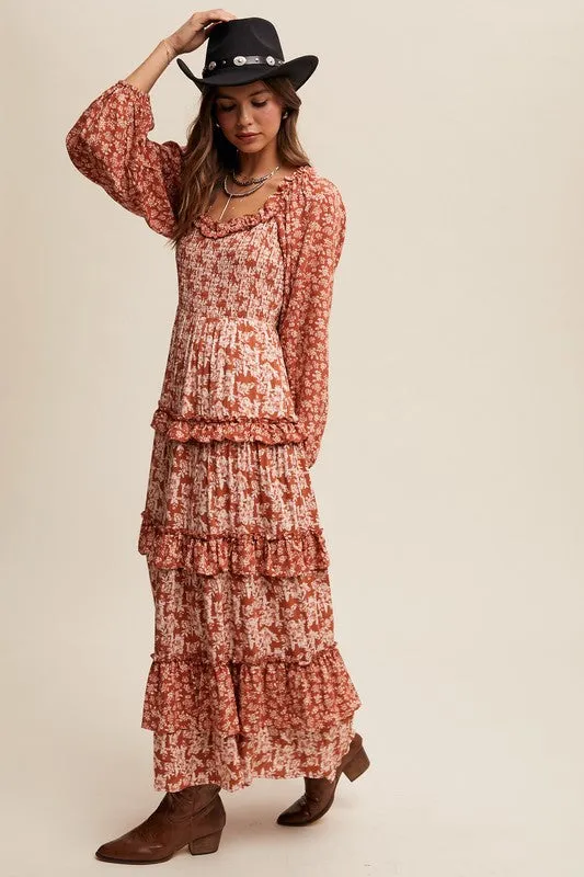 Rust Contrast Floral Print Ruffle Tiered Maxi Dress