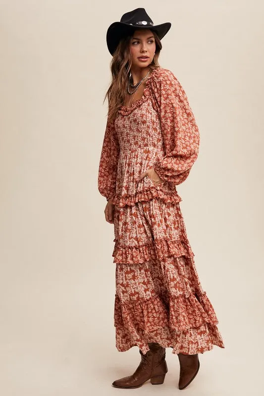 Rust Contrast Floral Print Ruffle Tiered Maxi Dress