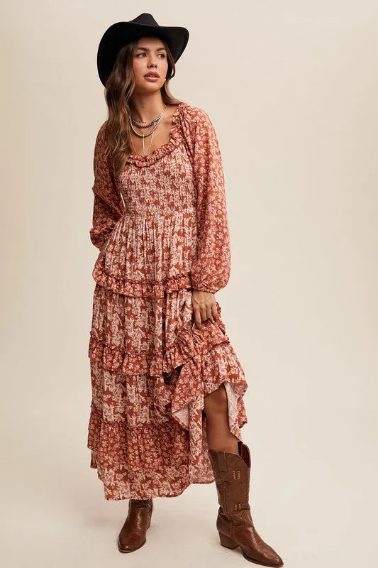 Rust Contrast Floral Print Ruffle Tiered Maxi Dress