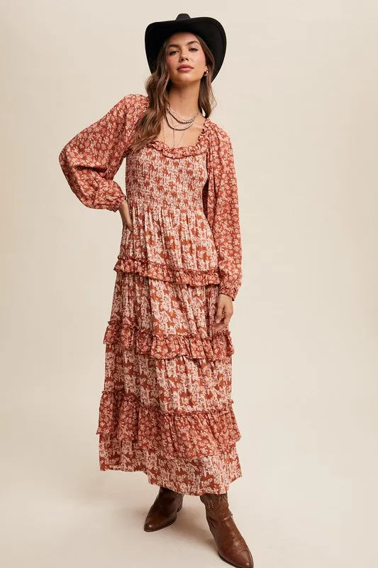 Rust Contrast Floral Print Ruffle Tiered Maxi Dress