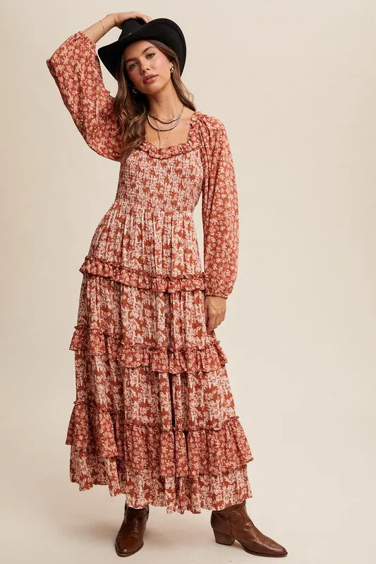 Rust Contrast Floral Print Ruffle Tiered Maxi Dress