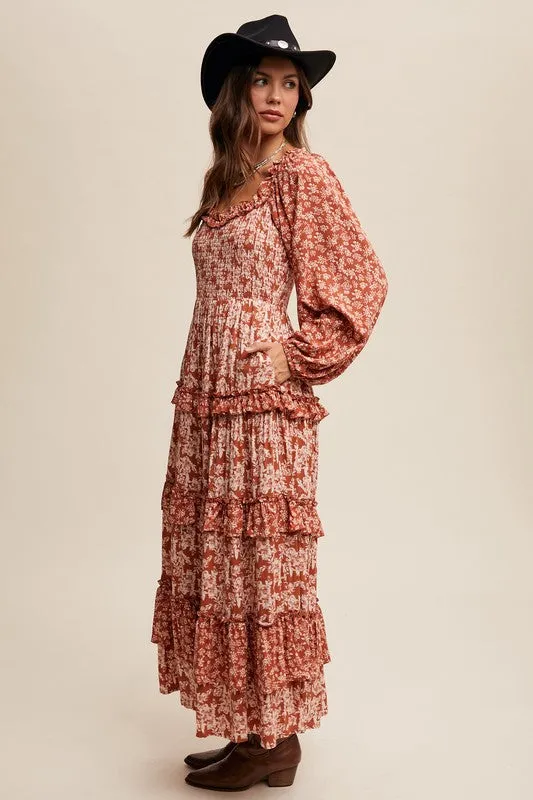 Rust Contrast Floral Print Ruffle Tiered Maxi Dress