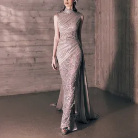 Silver Embroidered Tulle Dress With Sheer Play And An
Asymmetrical Jersey Draping