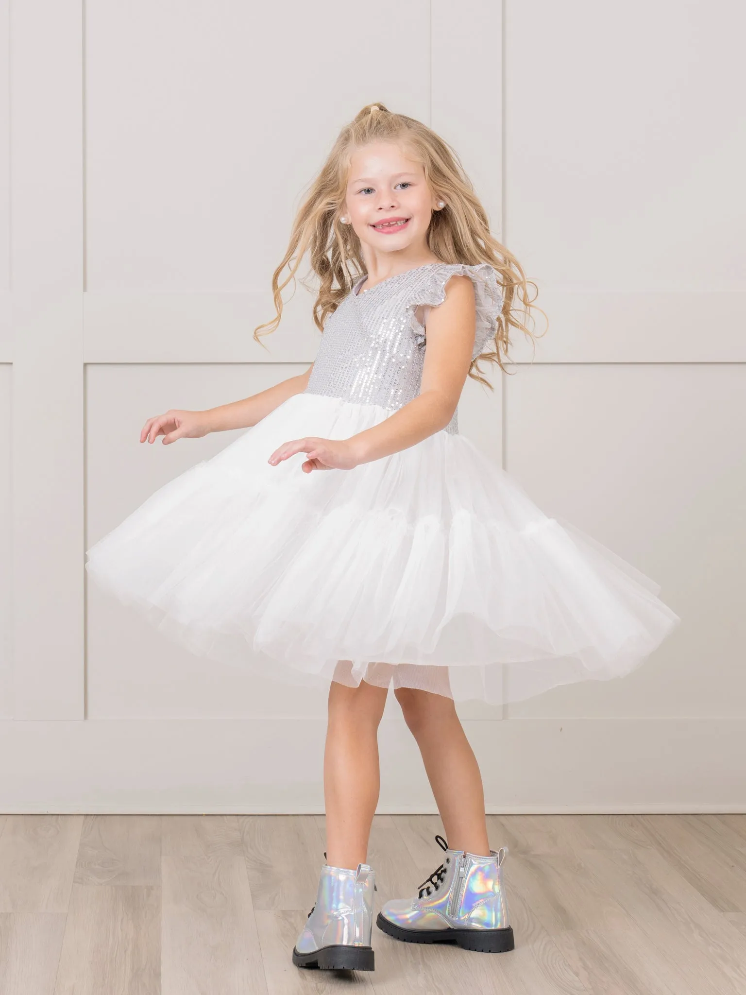 Silver Sequin Tiered Tulle Dress