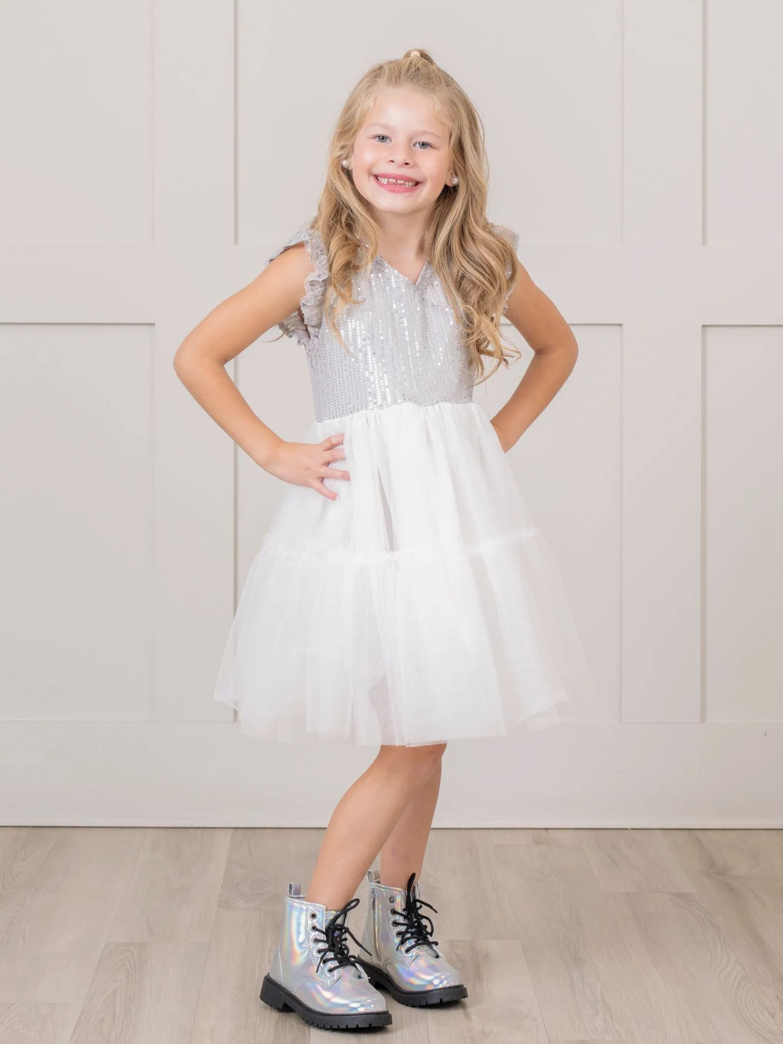 Silver Sequin Tiered Tulle Dress