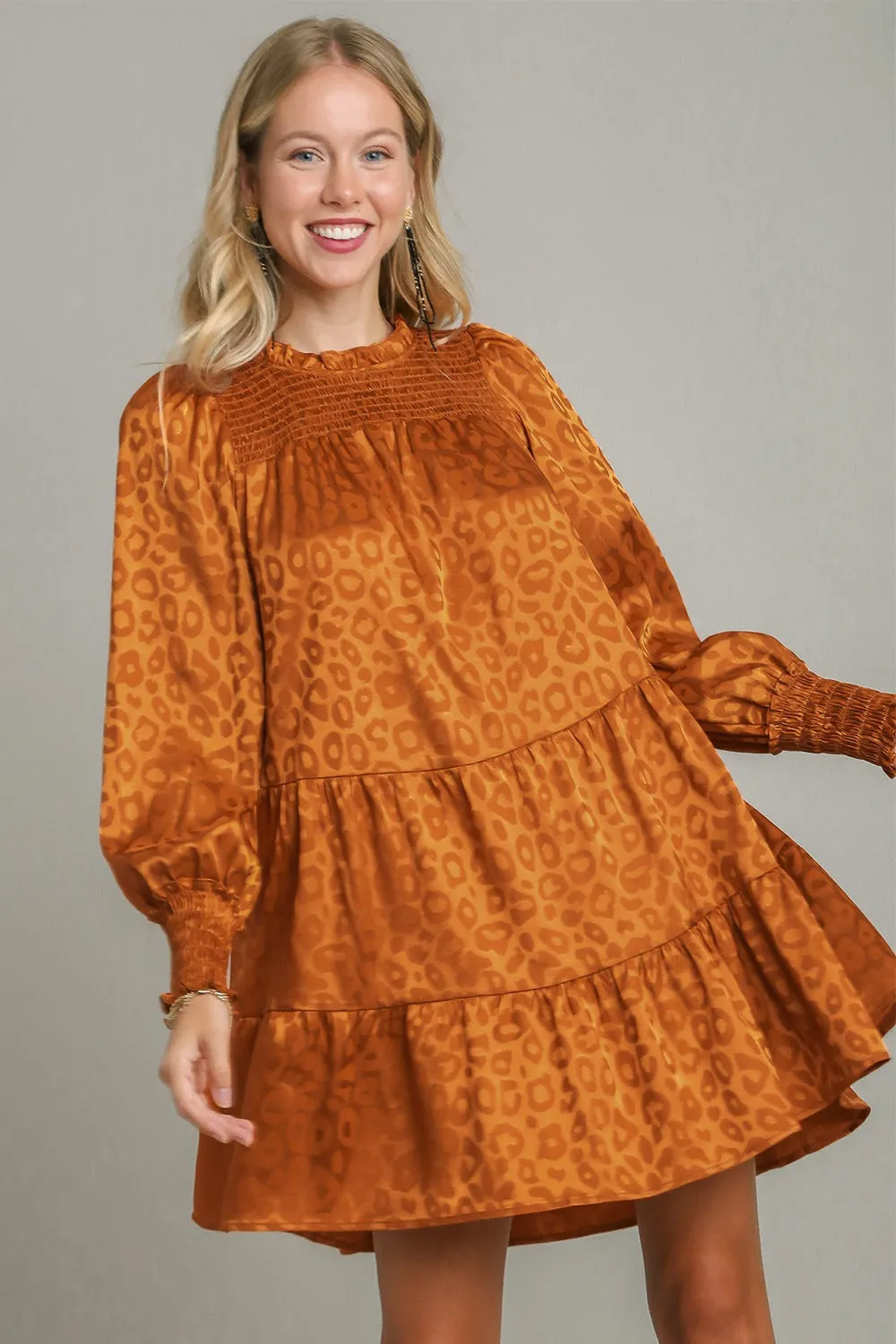 Smocked Leopard Long Sleeve Tiered Dress