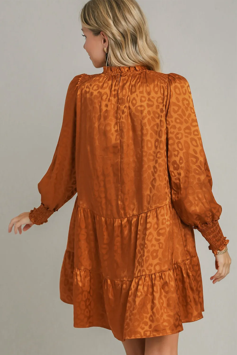 Smocked Leopard Long Sleeve Tiered Dress