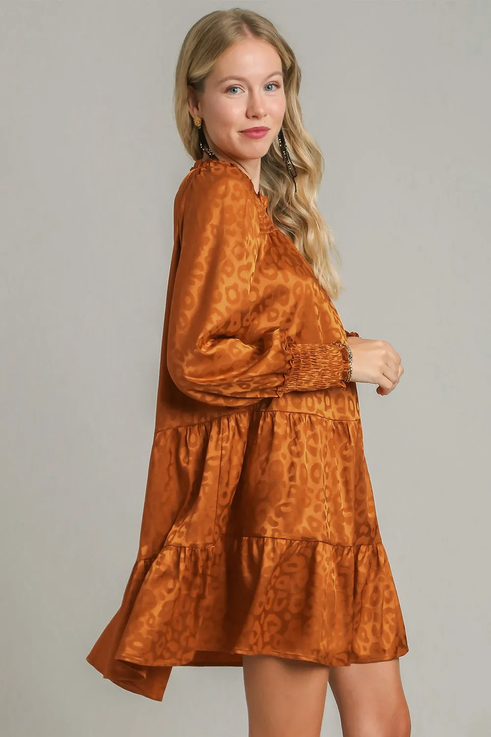 Smocked Leopard Long Sleeve Tiered Dress