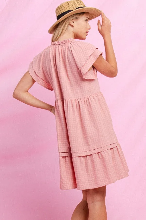 SOLID TEXTED TIERED RUFFLE WOVEN DRESS