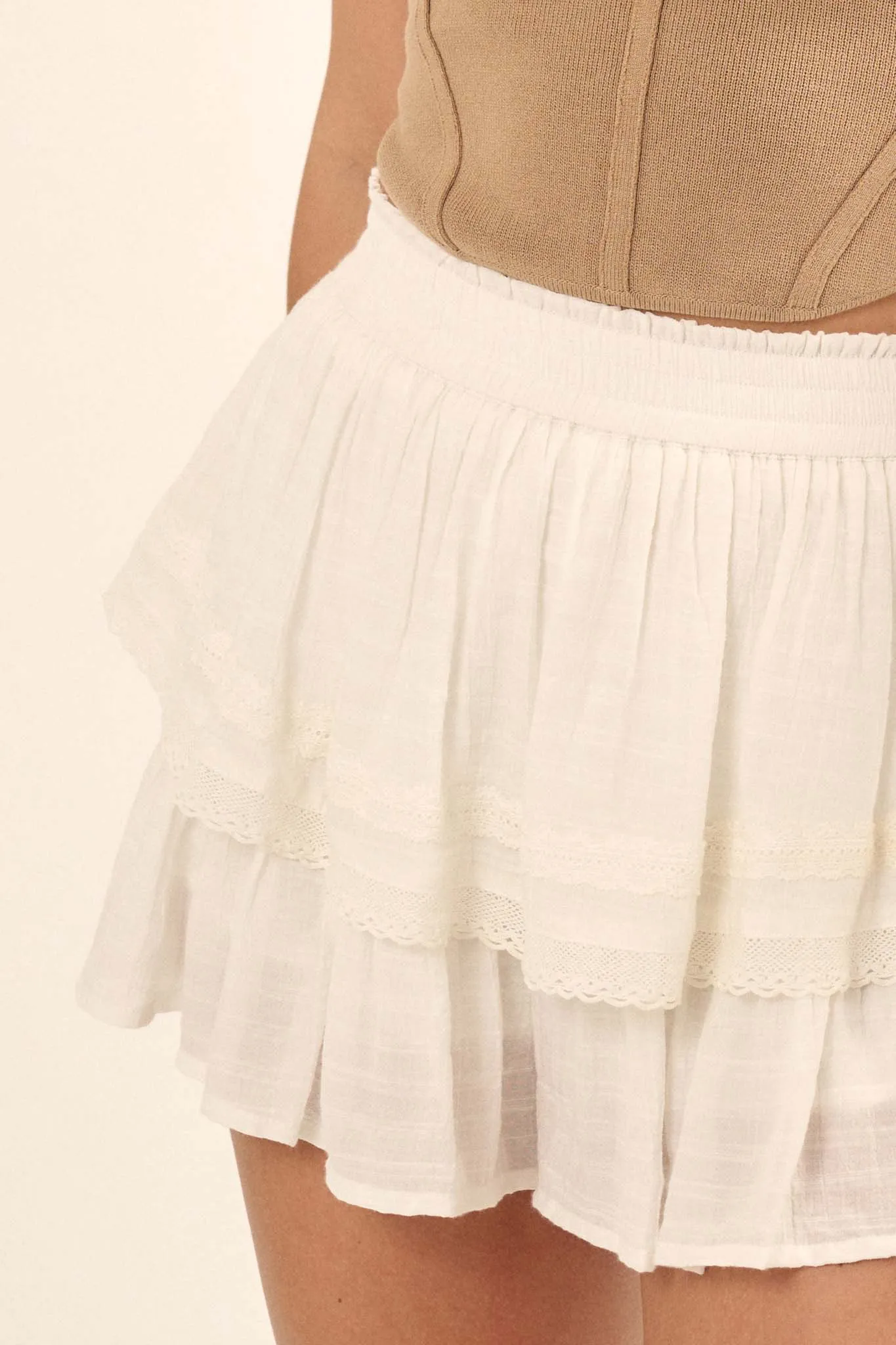 Strut It Lace-Trimmed Tiered Ruffle Culotte Shorts