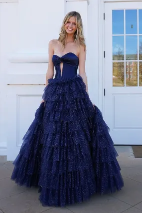 Sweetheart A Line Navy Tulle Tiered Long Prom Dresses